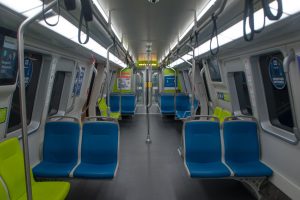 A recently refurbished Bay Area Rapid Transit (BART) train lies vacant as the COVID-19 pandemic has lessened the number of commuters.