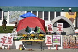 Protestors camp-out in front of Westlake Middle School on February 13. 