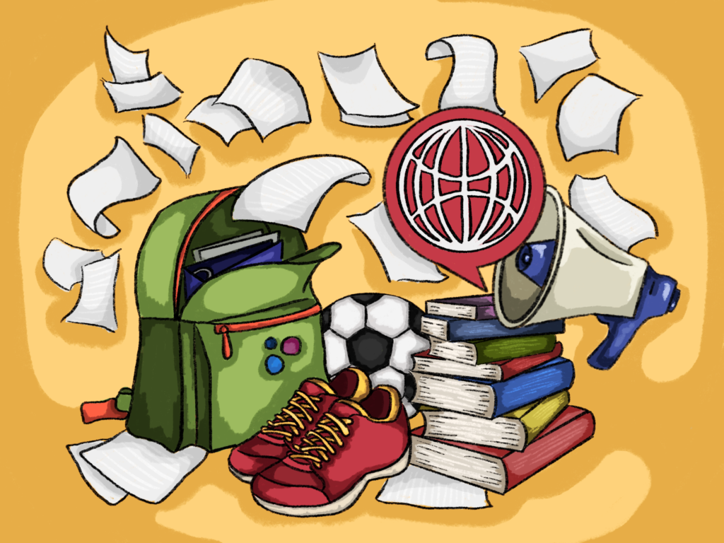 A backpack, with papers flying out, next to a stack of books, shoes, and a soccer ball
