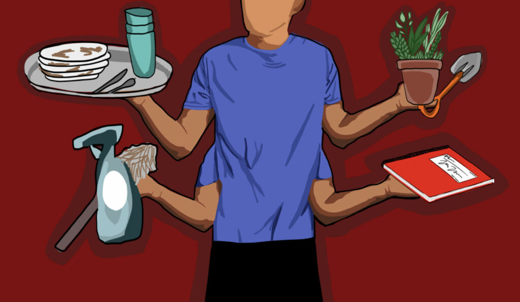 An illustration of a person with 4 arms, holding various objects inlcuding a notebook and dirty dishes