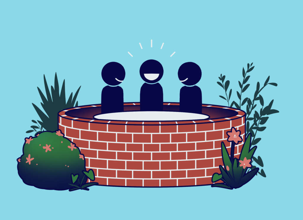 Illustration: A group of students sit around a table, with a brick wall around it