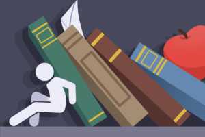 An illustration of a person, leaning against a stack of books
