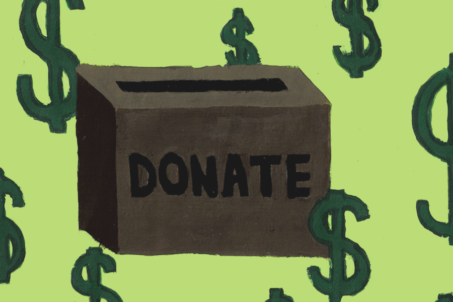 A brown box with a slit on top labeled "DONATE", surrounded by dollar signs