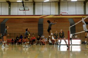 A girl jumps towards a volleyball in the Jacket Gym