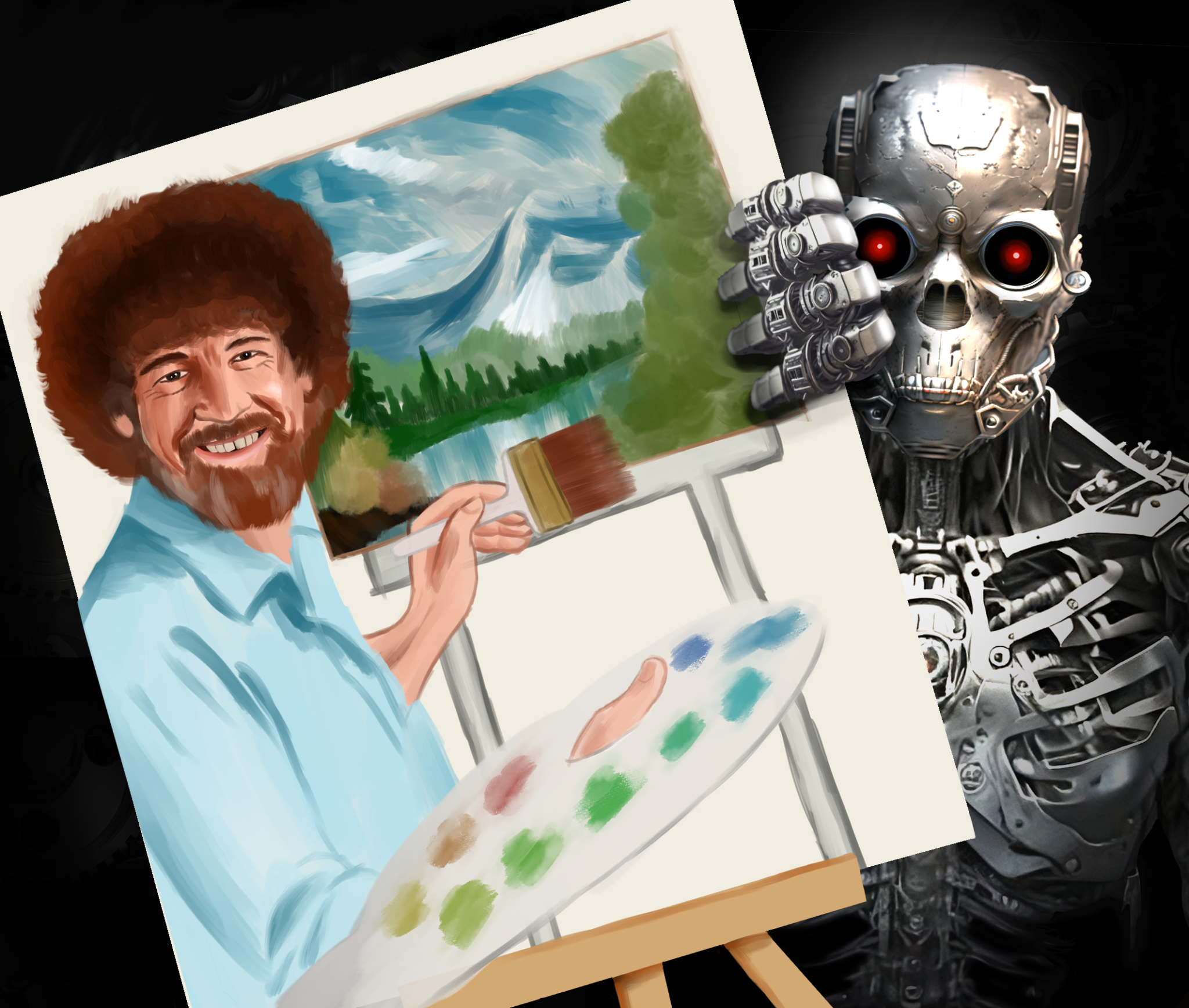 A painting of Bob Ross held by robot