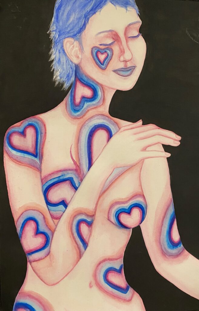A woman with blue hearts aross her body