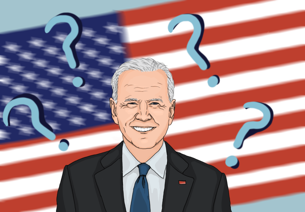 Joe Biden standing in front of question marks and an American Flag.