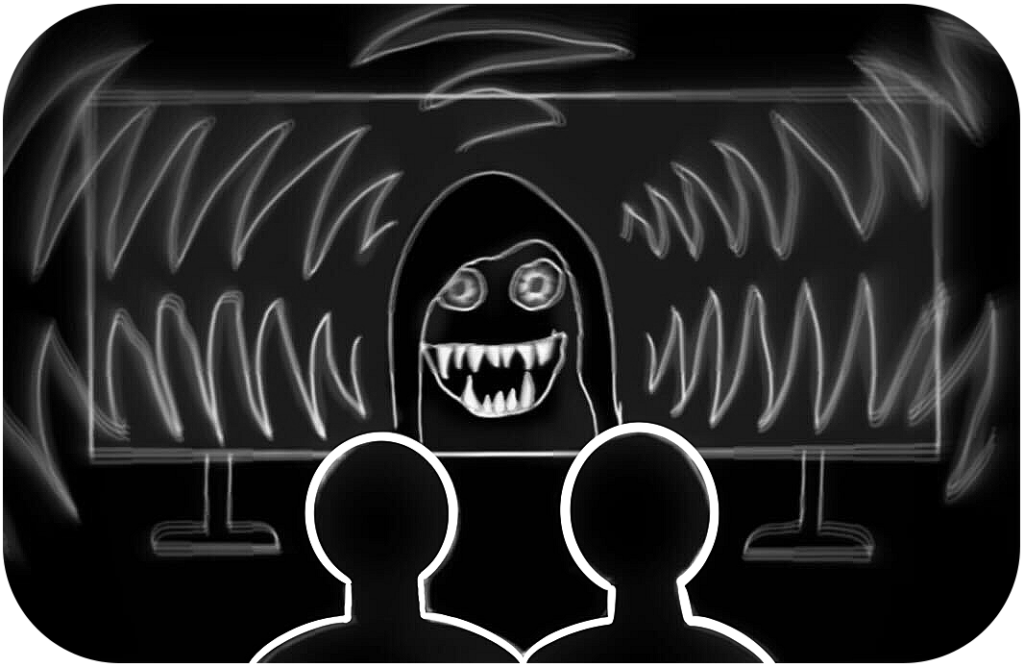Two people watching a horror movie in the dark with a scary girl's head with round hypnotized eyes and sharp teeth screaming.