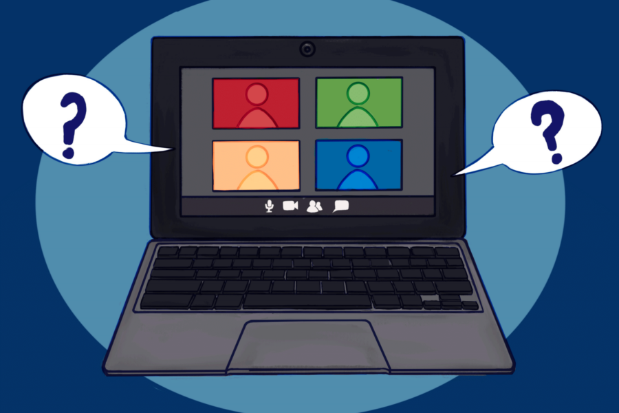 Illustration of a computer with people talking on a online meeting.