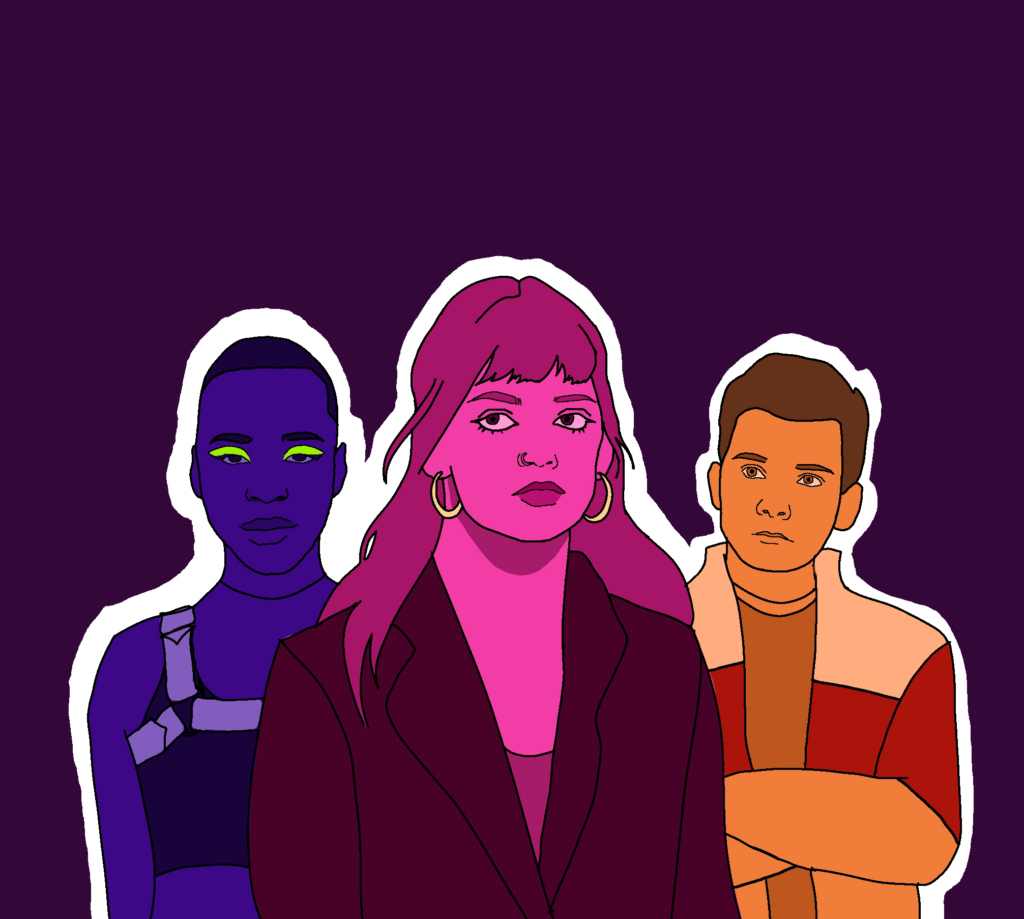 Illustration of three of the main characters in the show Sex Education.