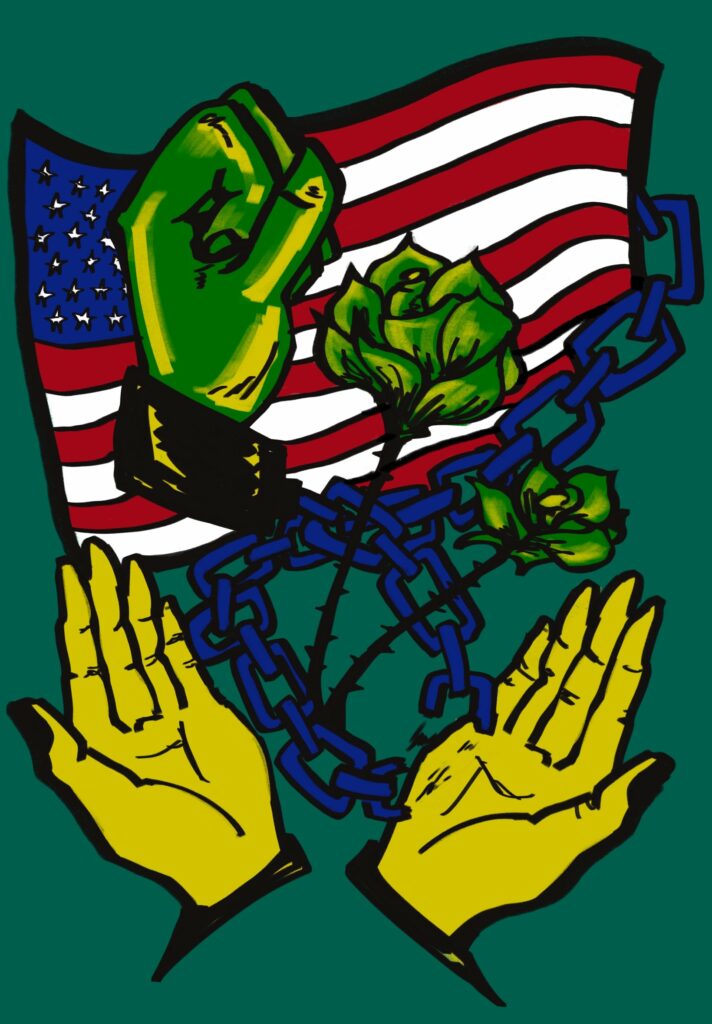 An illustration including an American flag, a bronze fist, a rose, and two palms facing upwards.