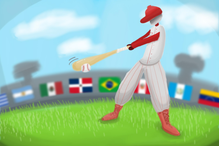 A baseball player hitting a ball