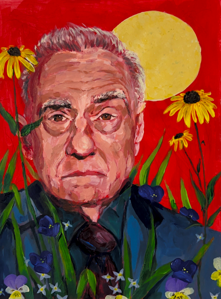 Illustration of Martin Scorsese with flowers around him.
