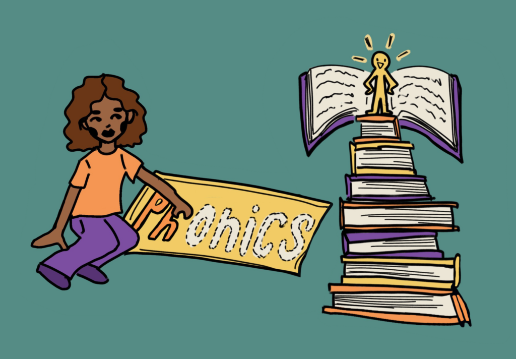 Stack of books with a tiny person on top and a person with a sign with 
