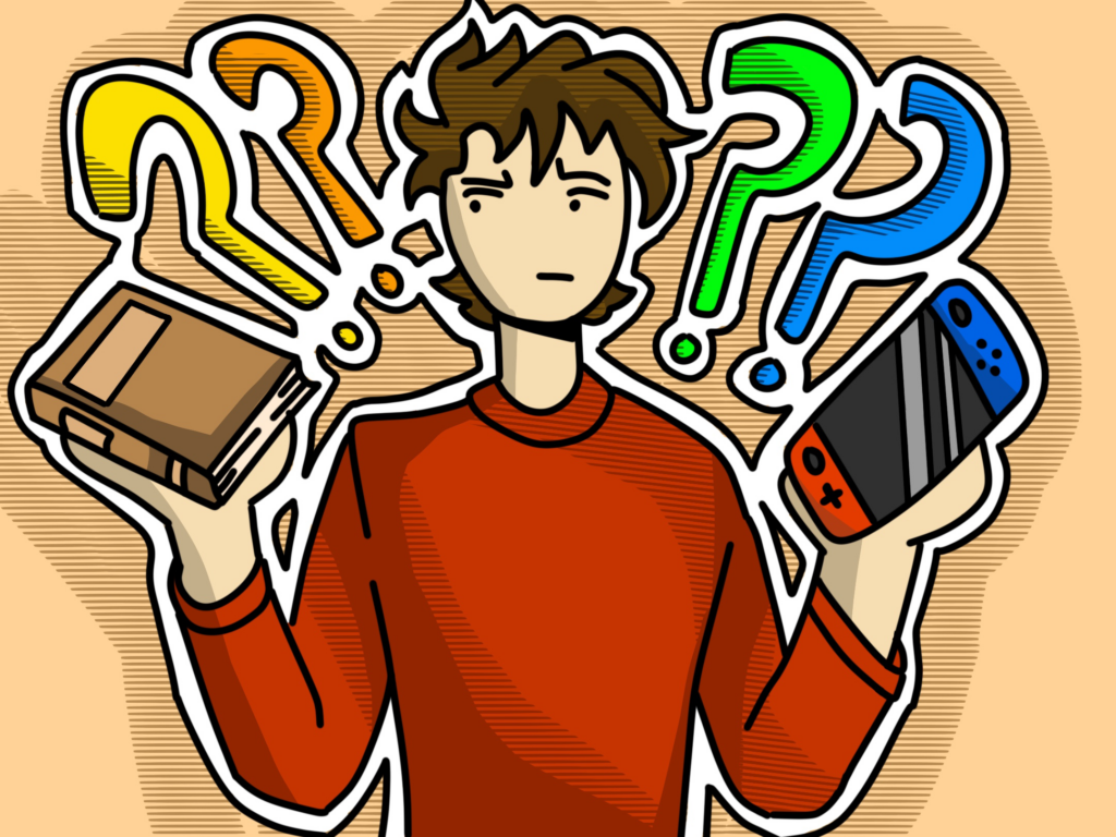 A person is holding up a book in one hand and a gaming controller in another. There are large question marks around the person's face.