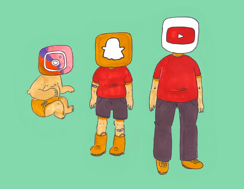 Illustration of kids' faces covered up by Instagram, Snapchat, and YouTube.