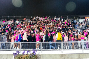 Bleachers full of standing students with many dressed in pink.