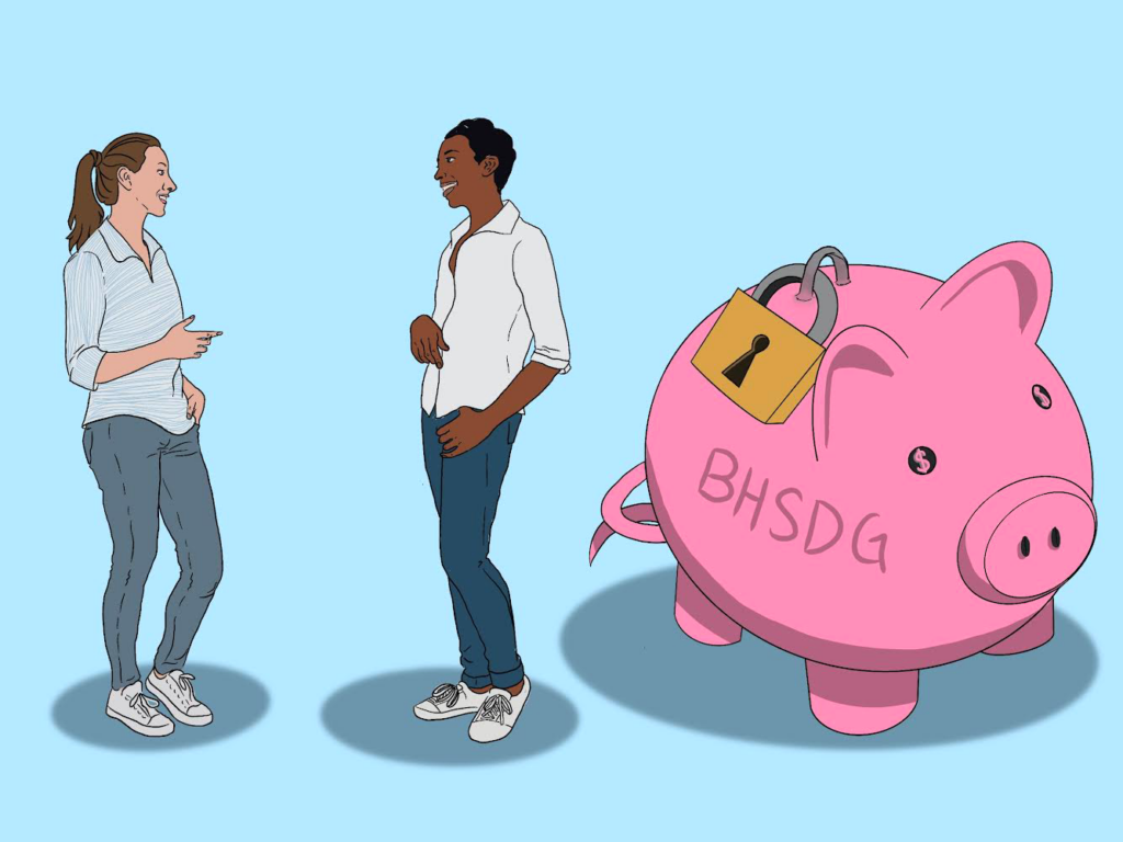Illustrations of two people talking next to a large piggy bank with a lock on it.