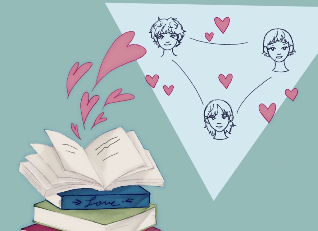 Illustration of hearts coming out of a book and floating near three people's heads positioned in a triangle.