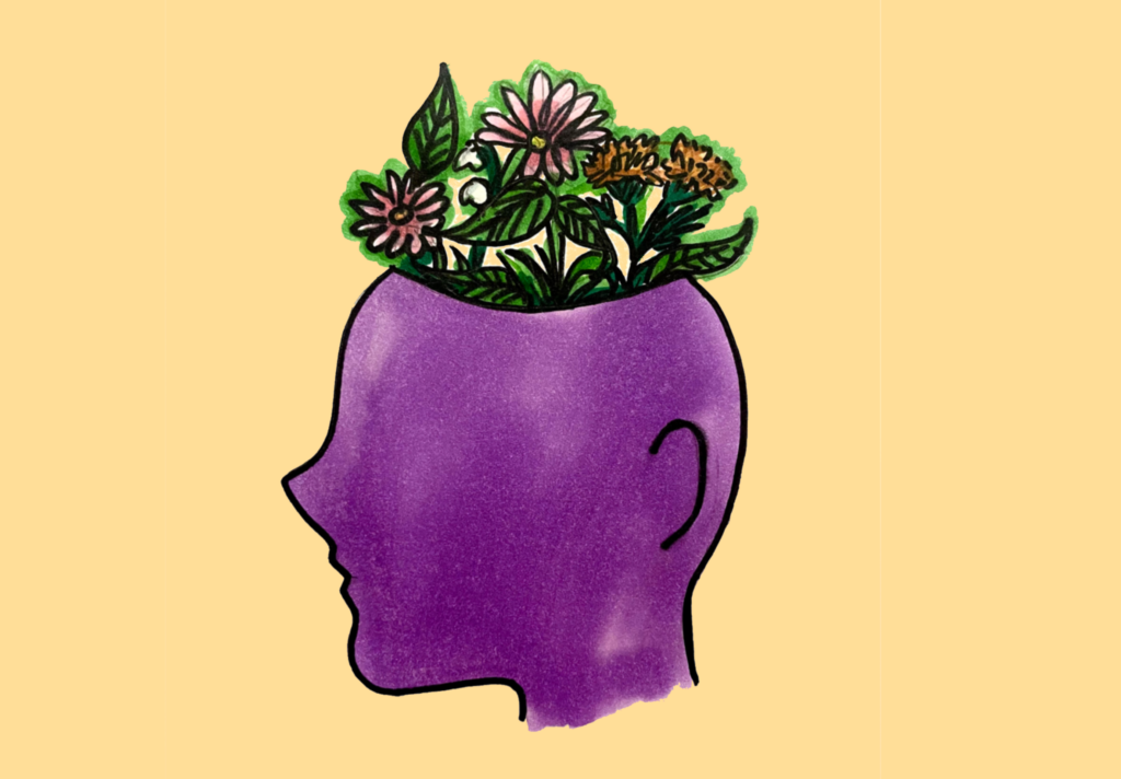 Illustration of a head with flowers growing out of the top.