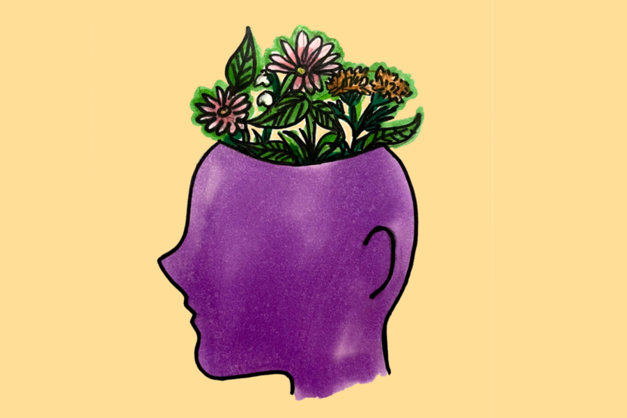 Illustration of a head with flowers growing out of the top.