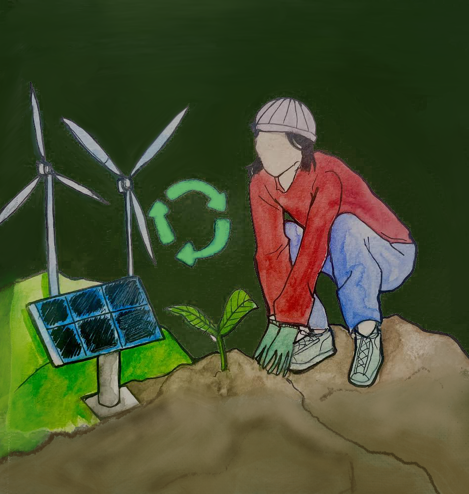 Illustration of a person surrounded by renewable energy sources.
