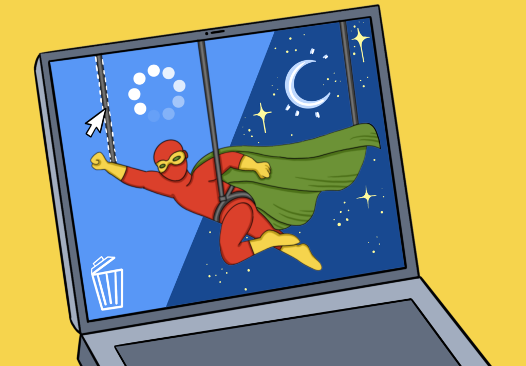 Illustration of a superhero being held up by ropes while flying on a computer.