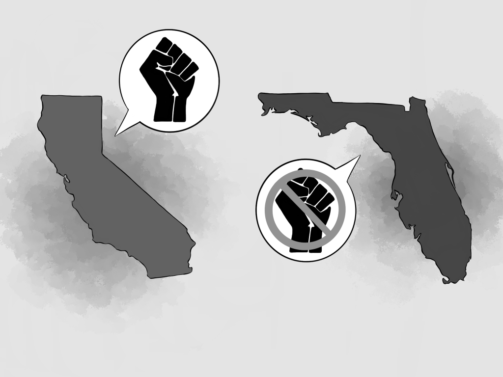 Illustration of California and Florida with speech bubbles coming off of them. There are black lives matter fists in each bubble, but in Florida's it is crossed off.