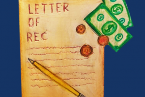 Illustration of a letter of recommendation with money next to it.