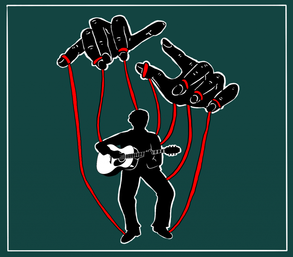 Illustration of a person playing a guitar while being pulled by strings attached to hands above their head.