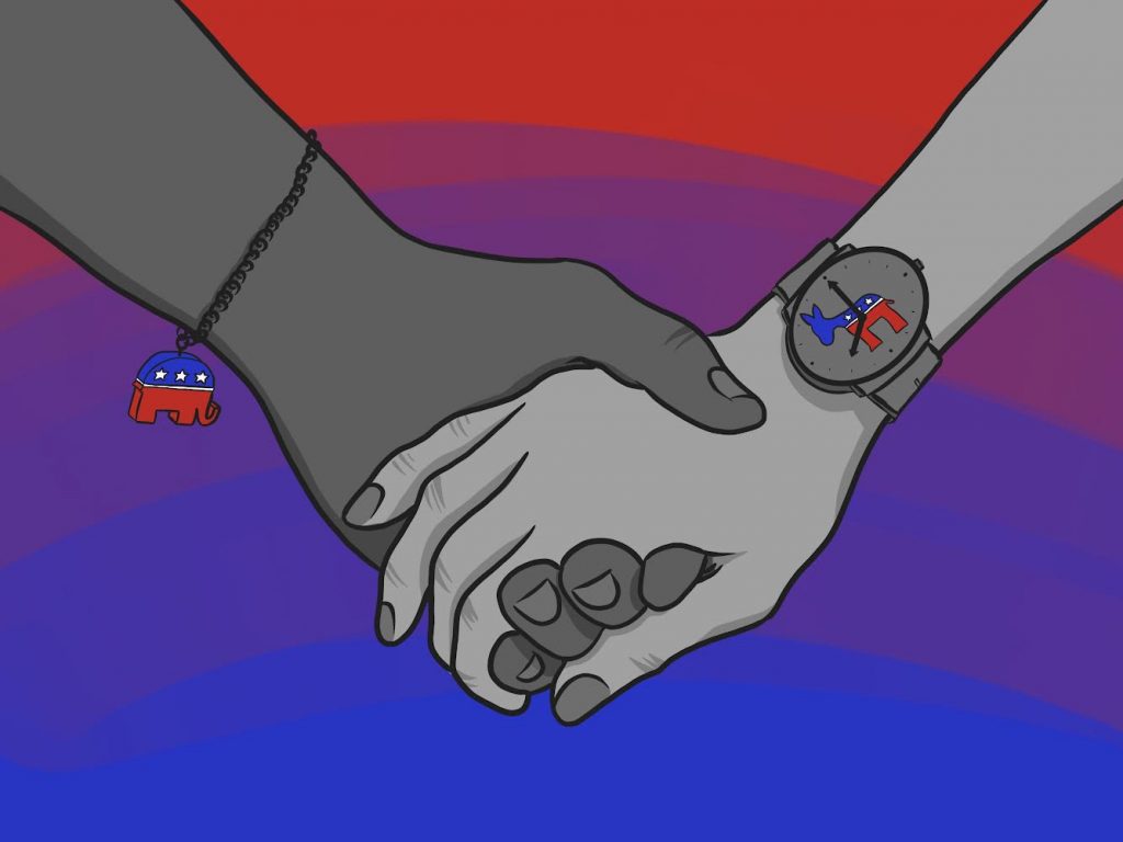 Illustration of two people holding hands with the mascot of the republican party on one of their wrists and the mascot of the democratic party on the other person's wrist.