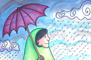 Illustration of a person standing in the rain holding an umbrella.