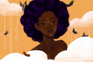 Illustration of a young black woman with her head in the clouds surrounded by butterflies.