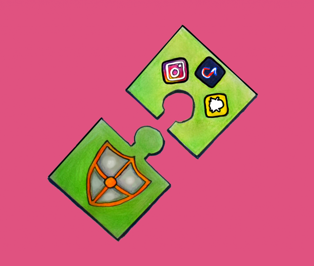 An image of 2 puzzle pieces, one with a shield, and one with various social media icons.