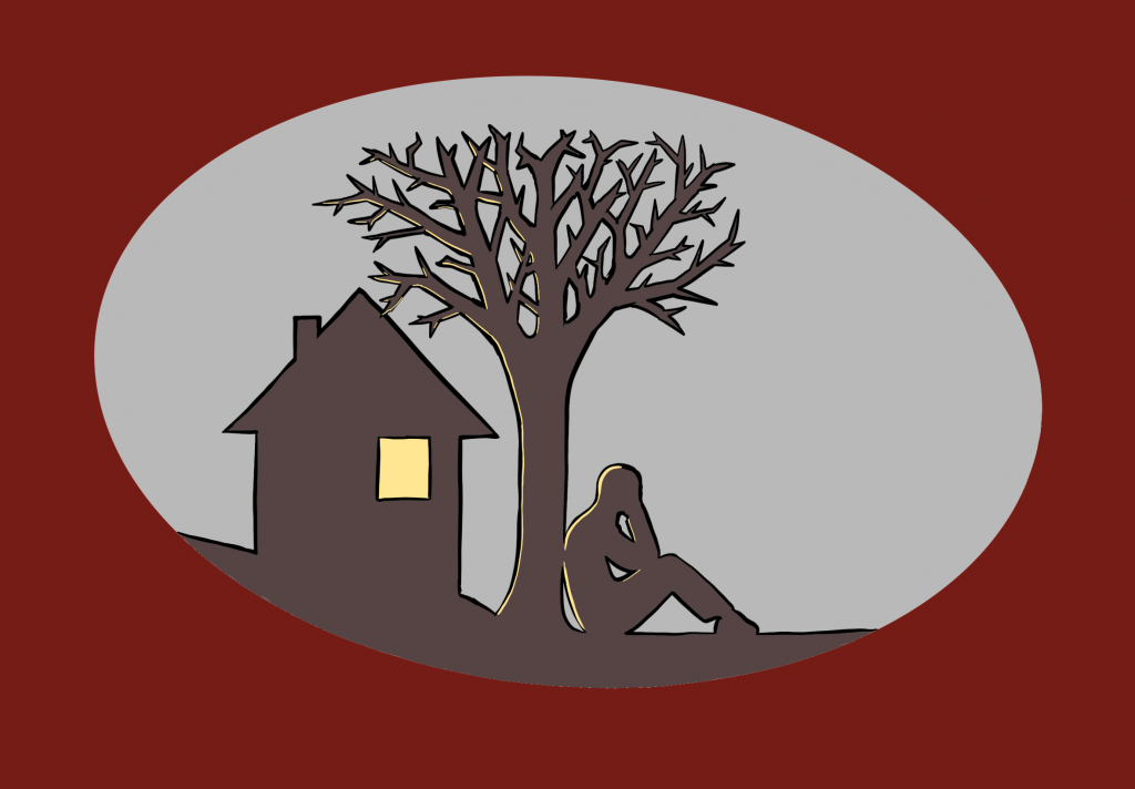 Two dimensional view of a house and a tree and a person sitting under the tree.