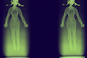 The image displays two neon green, 3D wireframe models of a female figure, both positioned above circular bases that emit a green glow. The figures are set against a dark background patterned with simple green lines and dots that resemble circuit board tracks and nodes.