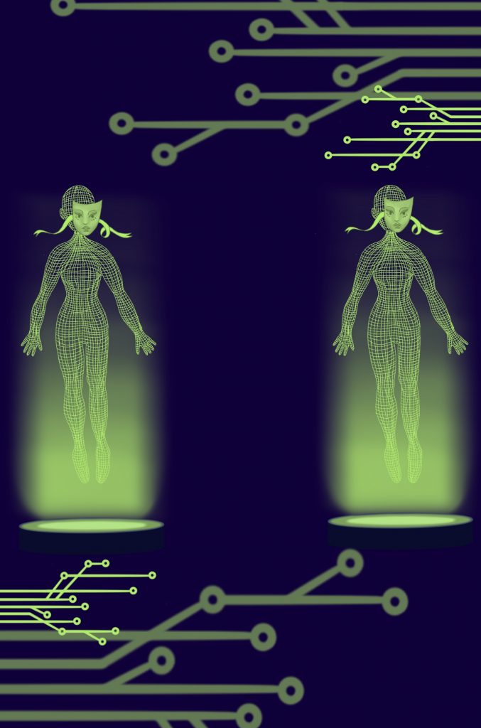 The image displays two neon green, 3D wireframe models of a female figure, both positioned above circular bases that emit a green glow. The figures are set against a dark background patterned with simple green lines and dots that resemble circuit board tracks and nodes.