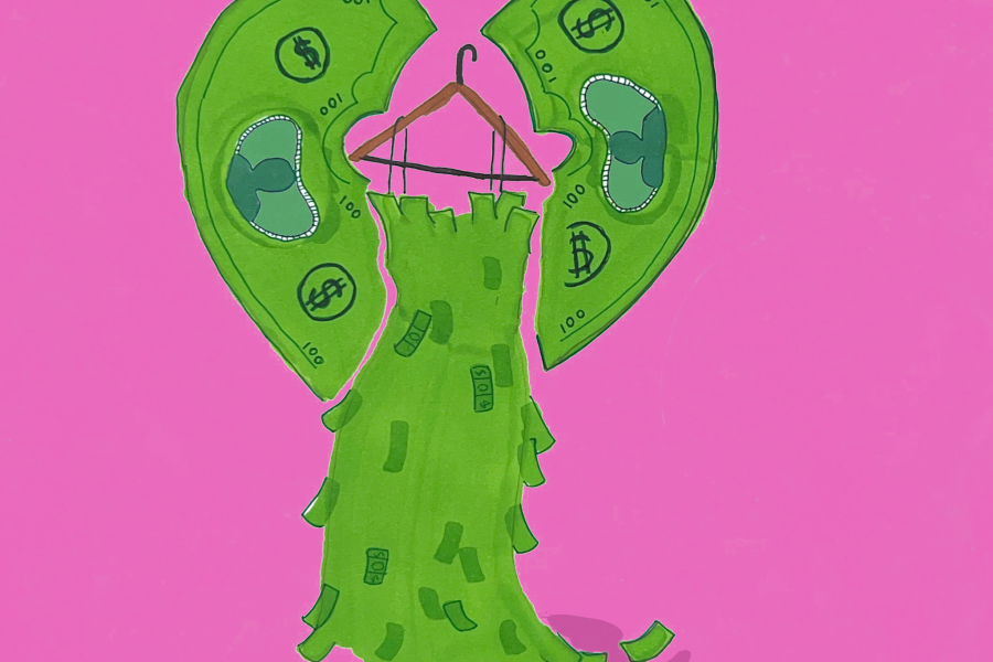 Illustration of a dress made of money in between a green coin in the shape of a heart.