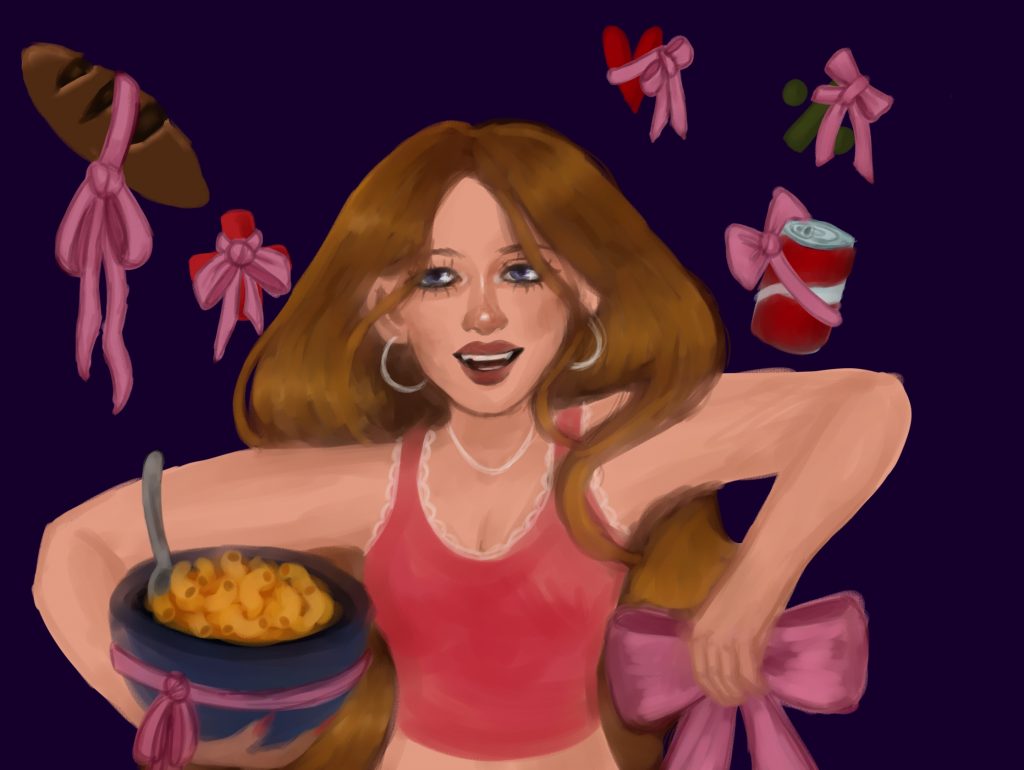 A digital illustration depicts a smiling woman with long brown hair, wearing hoop earrings and a pink tank top. She's holding a bowl of macaroni and cheese with a spoon in it. Around her float various objects: a brown hair tie, three pink bows of different sizes, and a red and white plush sushi roll, all against a purple background.