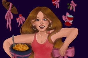A digital illustration depicts a smiling woman with long brown hair, wearing hoop earrings and a pink tank top. She