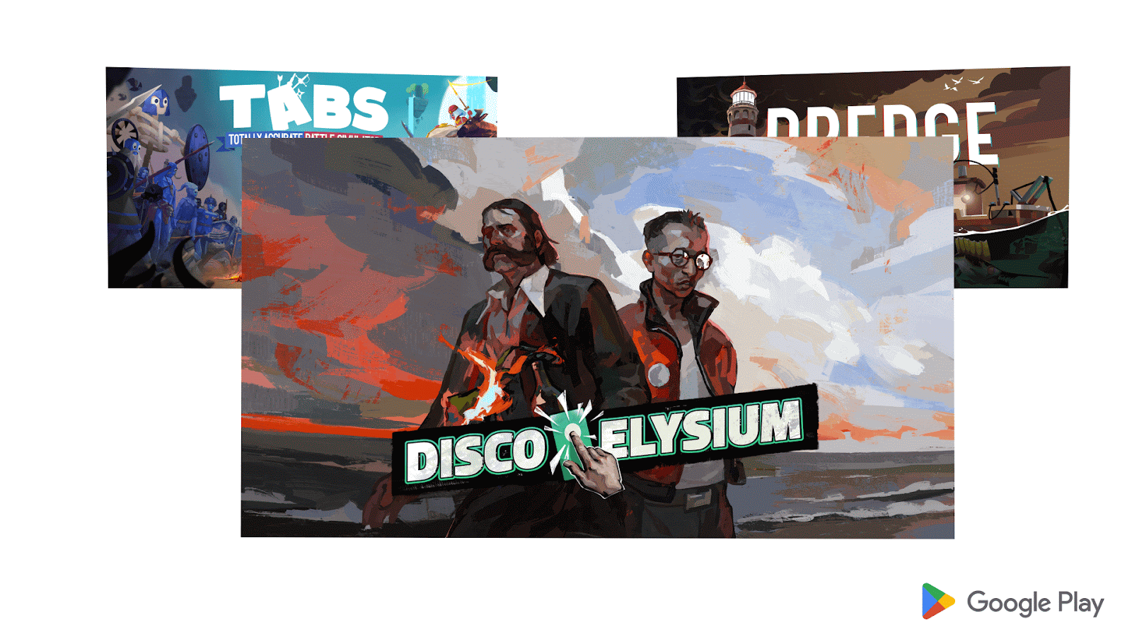 Moving image displaying thumbnails of titles of new PC games coming to mobile - Disco Elysium, TABS Mobile, and DREDGE