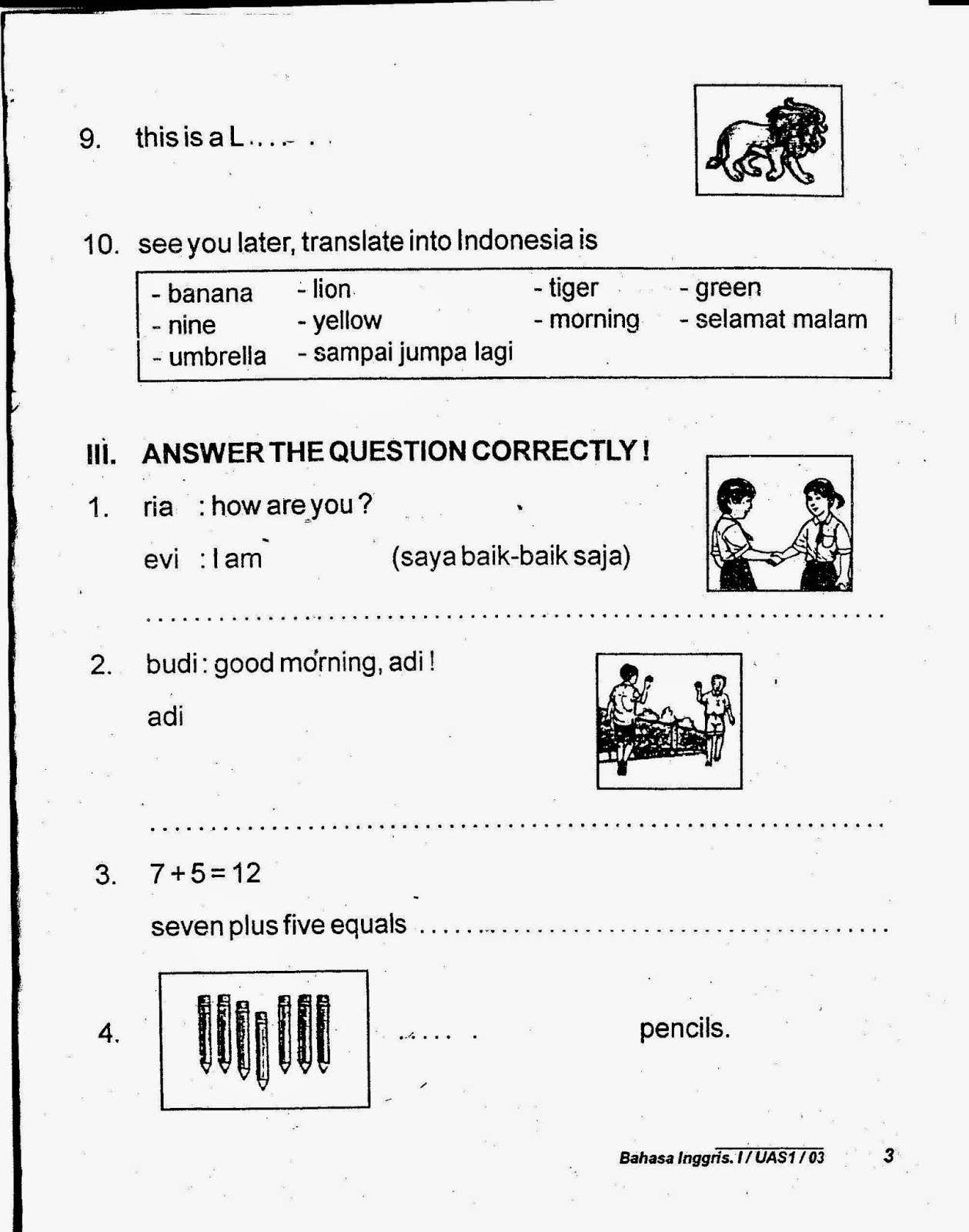 soal bahasa inggris kelas 1 sd materi bahasa inggris kelas 1 sd semester 1