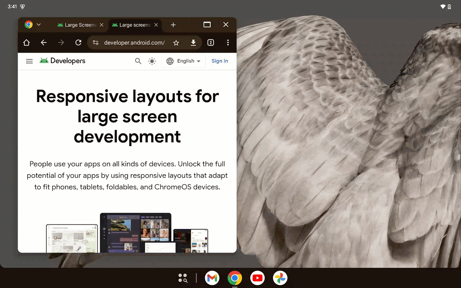 A moving image demonstrating how you can start another instance of Chrome by dragging a tab out og the app window.