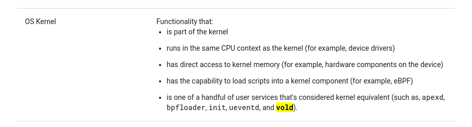 Screen shot of the &quot;OS Kernel&quot; section from https://source.android.com/docs/security/overview/updates-resources#process_types. It says:  Functionality that: - is part of the kernel - runs in the same CPU context as the kernel (for example, device drivers) - has direct access to kernel memory (for example, hardware components on the device) - has the capability to load scripts into a kernel component (for example, eBPF) - is one of a handful of user services that's considered kernel equivalent (such as, apexd, bpfloader, init, ueventd, and vold).