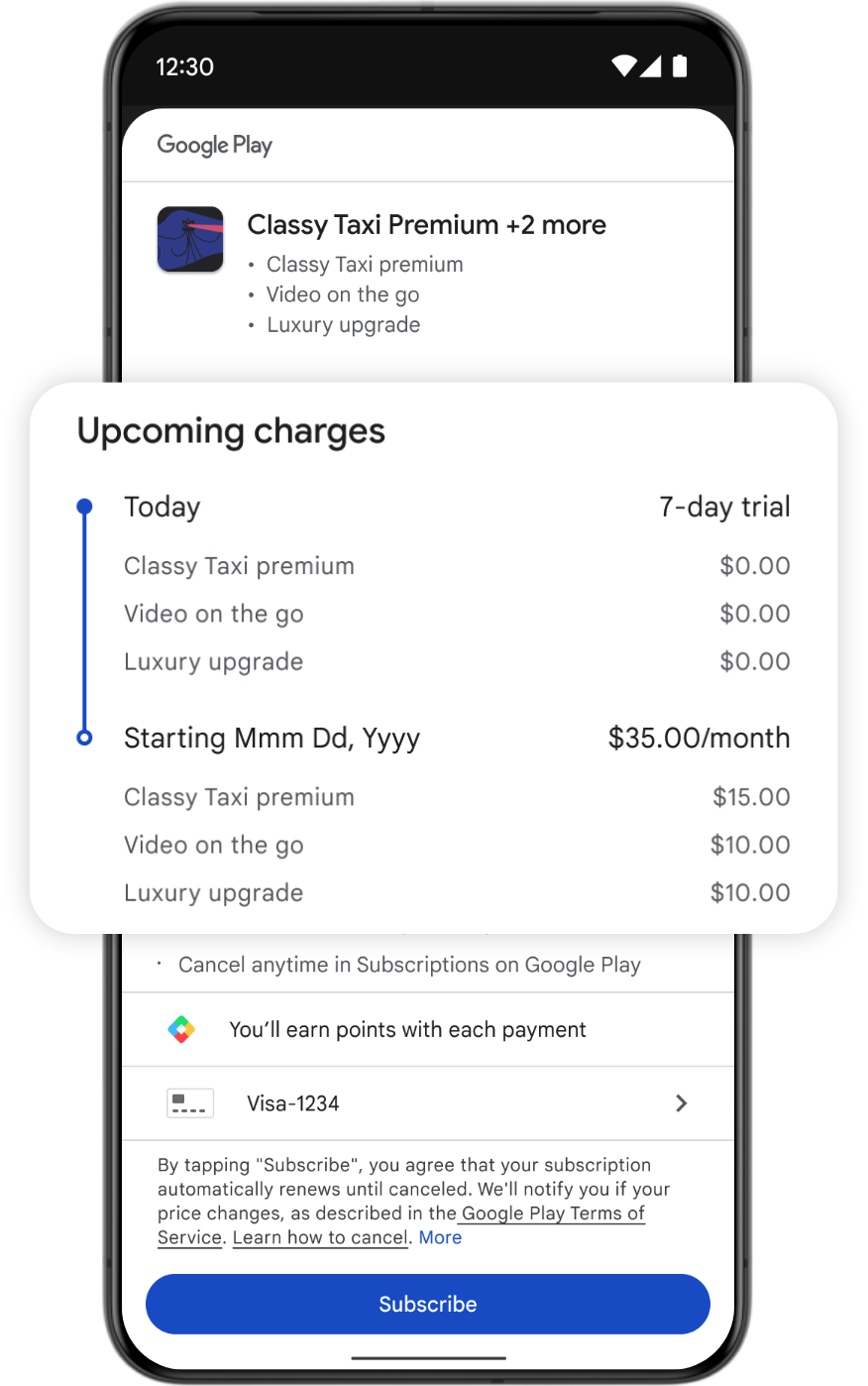 a mobile devices displaying multi-checkout where a base subscription plus add ons in shown a singluar transaction on the Play Store