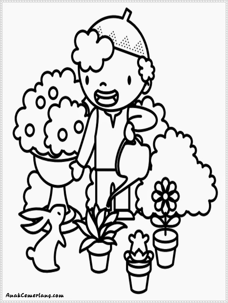 Gambar Kartun Anak Menyiram Tanaman