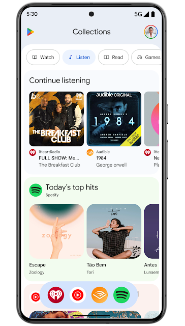 Engage users through continuation journeys (like Continue listening) or with recommendation clusters (like Today's top hits)