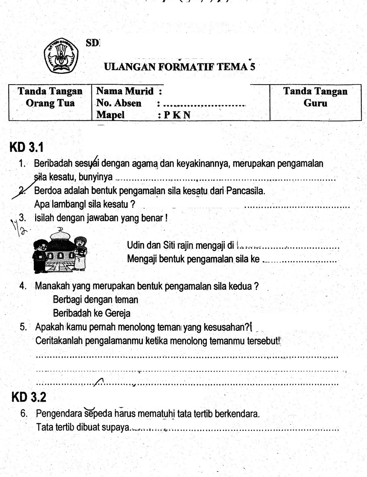 Formatif Tema 5 PPKN SD Kelas 1 TA 2015 2016 Kurikulum2013