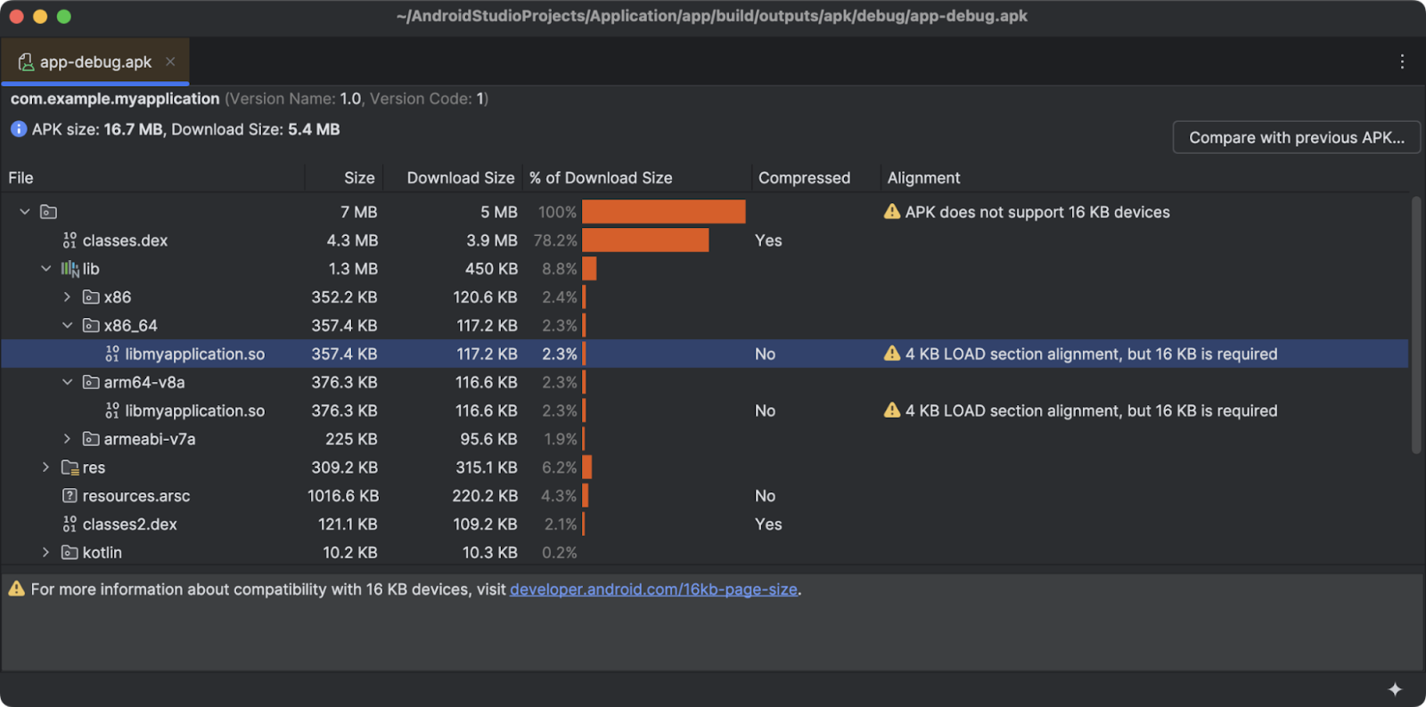 16 KB page size support: APK Analyzer indication