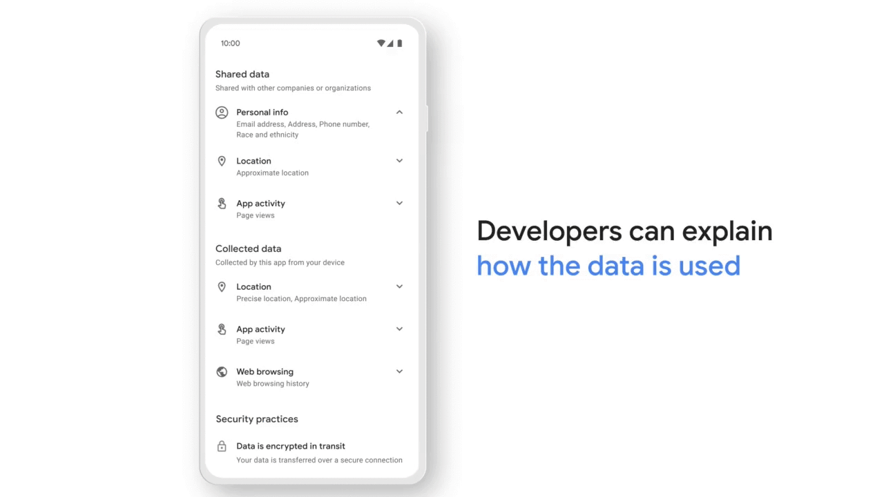Image of phone data privacy and security. Text reads Developers can share what their app collects and why, so users can download with confidence
